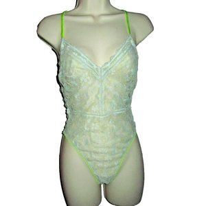 💋 💄 Size Small Sheer Victoria's Secret lingerie Bodysuit Blue/Lime Green Lace